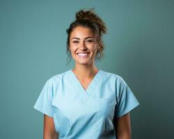 leende kvinna sjuksköterska i blå scrubs mot en blå bakgrund generativ ai foto