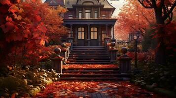de hus är omgiven förbi höst löv generativ ai foto