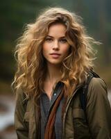 en skön ung kvinna med lång lockigt hår stående i främre av en skog generativ ai foto