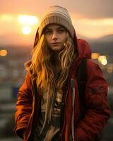 en flicka bär en röd jacka generativ ai foto