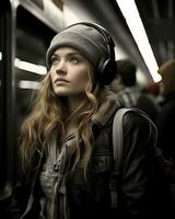 en kvinna bär hörlurar på en tunnelbana tåg generativ ai foto