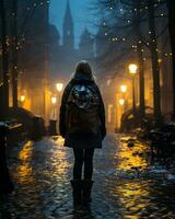 en kvinna med en ryggsäck gående ner en gata på natt generativ ai foto