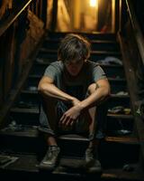 en ung man Sammanträde på de trappa i en mörk rum generativ ai foto