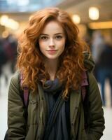 en ung kvinna med röd lockigt hår stående i ett flygplats generativ ai foto