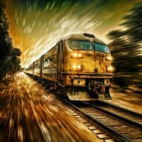 arafed tåg på de spår med rörelse blurrande i de bakgrund. generativ ai. foto