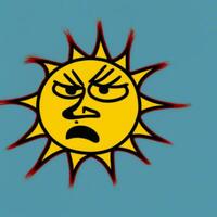 tecknad serie Sol med arg ansikte på blå bakgrund. generativ ai. foto
