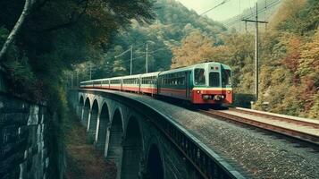 där är en tåg den där är gående över en bro i de skogen. generativ ai. foto