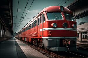 där är en röd tåg den där är dragande in i de station. generativ ai. foto