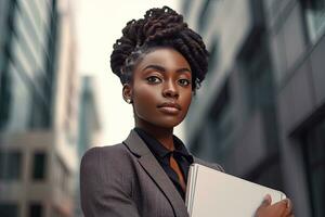 afrikansk ung affärer kvinna med anteckningsbok ,lång byggnad bakgrund ,generativ ai . foto