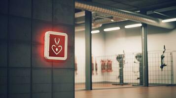 automatiserad extern defibrillator symbol eller tecken på de vägg i en sporter Gym. generativ ai foto