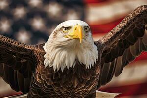 en skallig Örn på amerikan flagga bakgrund. Örn. generativ ai foto