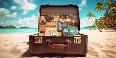 öppen resväska på tropisk strand bakgrund ,generativ ai foto