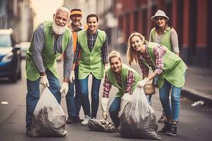 familj dropp de flaska separerande avfall plast flaskor in i återvinning soptunnor är till skydda de miljö ,generativ ai foto