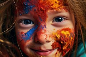 stänga upp ansikte liten flicka spelar med färger , generativ ai. foto