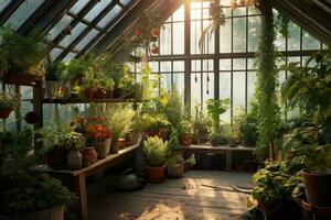växthus med växter. inomhus- trädgårdsarbete ,generativ ai foto