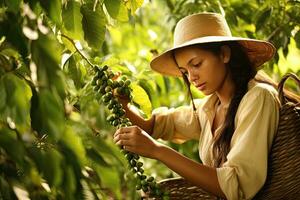 ung kvinna plockning kaffe från en kaffe plantage i brasilien, generativ ai foto