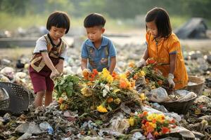 grupp barn Asien dropp de flaska separerande avfall plast flaskor in i återvinning soptunnor är till skydda de miljö ,generativ ai foto