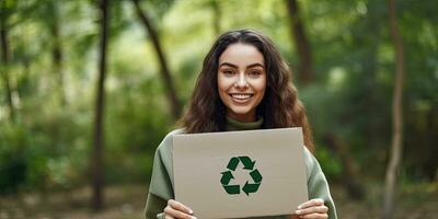 Lycklig kvinna innehav papper med grön återvinning tecken över naturlig bakgrund ,generativ ai foto