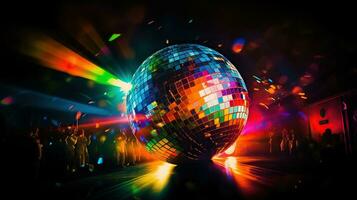 nattklubb extravaganza. spegel boll och lasrar belysa de dansa golv med vibrerande regnbågar. generativ ai foto