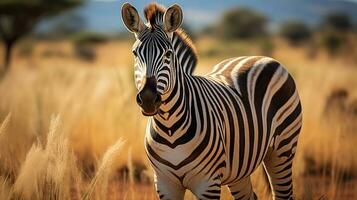 berg zebra, slätter zebra, stående i gräsmark. generativ ai foto