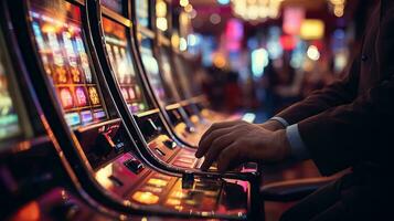gaming spänning. närbild av en kasino spår maskin spelare. generativ ai foto