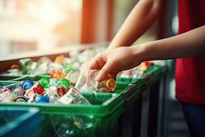 stänga upp hand separerande avfall plast flaskor in i återvinning soptunnor är till skydda de miljö , kopia Plats för text ,generativ ai foto