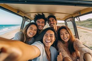 selfie, vänskap och bil väg resa eller natur safari Semester resa i Asien tillsammans Lycklig för äventyr. generativ ai foto