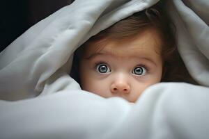 stänga upp ansikte bebis pojke i vit solig sovrum ,generativ ai . foto