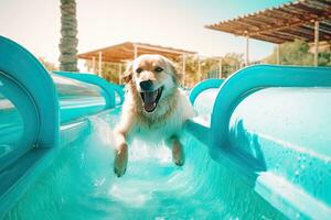 de Lycklig hund ridning på de glida i de aqua park, generativ ai. foto