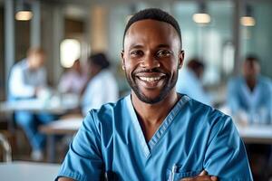 Lycklig söder afrikansk man , team medicinsk på sjukhus ,generativ ai. foto