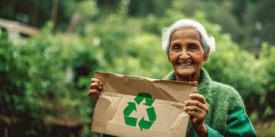 leende senior kvinnor innehav papper med grön återvinning tecken över naturlig bakgrund. eco levande, miljö och hållbarhet begrepp ,generativ ai foto