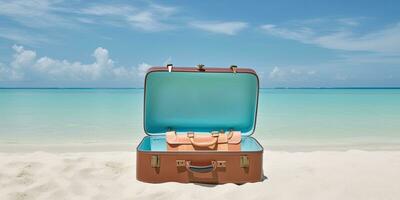 öppen resväska på tropisk strand bakgrund ,generativ ai foto