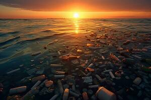 sopor från plast flaskor i de hav , solnedgång ,generativ ai foto