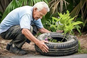 senior man återanvändning ett gammal däck in i en trädgård plantering, demonstrera de kreativ potential av upcycling kasseras material. ,generativ ai foto