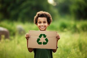 Lycklig leende unge pojke innehav papper med grön återvinning tecken över naturlig bakgrund. eco levande, miljö och hållbarhet koncept, generativ ai . foto