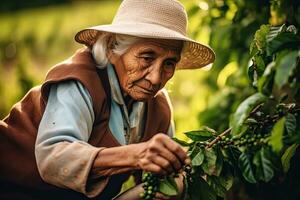 gammal kvinna söder Amerika plockning kaffe från en kaffe plantage på fram ,generativ ai foto