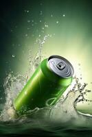 Häftigt och uppfriskande. grön kan mjuk dryck släpper lös en stänk. generativ ai foto