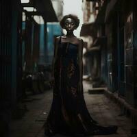 porträtt av en svart kvinna, full längd, naturlig ljus, utomhus, värma filtrera, ai generativ konst foto