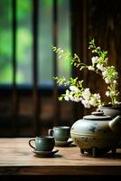 en lugn te rum med japansk te uppsättning på en trä- tabell bakgrund med tömma Plats för text foto