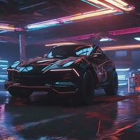 supersport bil cyberpunk stad med neon lampor, ai generativ foto