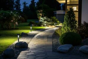 en gräsmatta med trädgård belysning belysande en gångväg foto