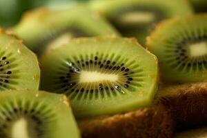 Kiwi frukt rostat bröd, makro skott av en färsk frukost med droppande honung, ai genererad foto