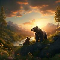 brun björnar på de sjö sida på de solnedgång tid - generativ ai foto