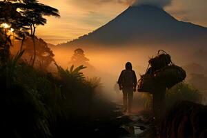 silhuett av de män sökande för fred i berg, fångad i solnedgång - generativ ai foto