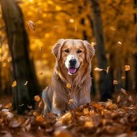 gyllene retriever hund Sammanträde bland de höst löv i de parkera gående hund generativ ai foto