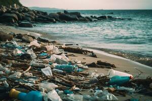 stor siffra av plast flaskor och Övrig på havsstrand eller sjö förorening av hav eller hav med plast avfall ekologisk katastrof generativ ai foto
