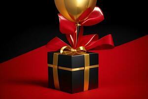 svart fredag försäljning röd gåva låda på gyllene ballong med mörk bakgrund foto