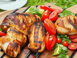 grillad kyckling ben på de flammande grill med grillad grönsaker med tomater foto