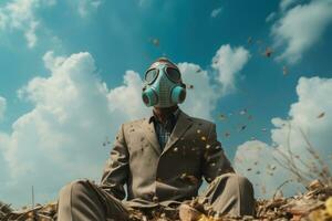 affärsman i gas mask Sammanträde på en lugg av sopor mot blå himmel foto
