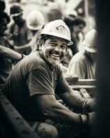 porträtt av en konstruktion arbetstagare leende i en konstruktion webbplats. svart och vit. arbetskraft dag foto